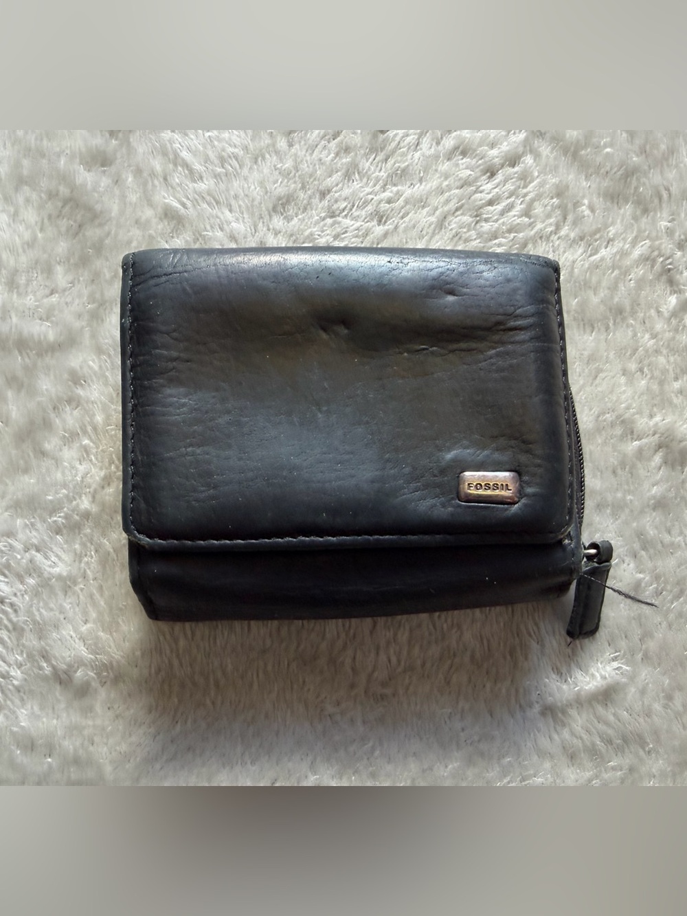 Y2K Fossil Black Leather Compact Men's Wallet with Zip